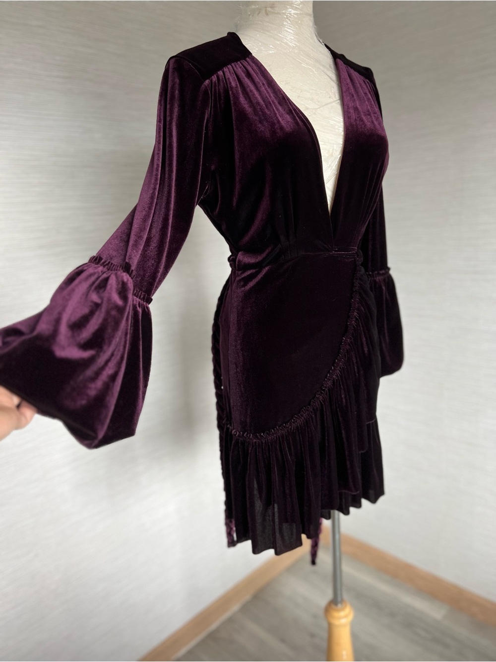 MISA LOS ANGELES Boho Velvet puff sleeve Wrap Dress in Deep Burgundy